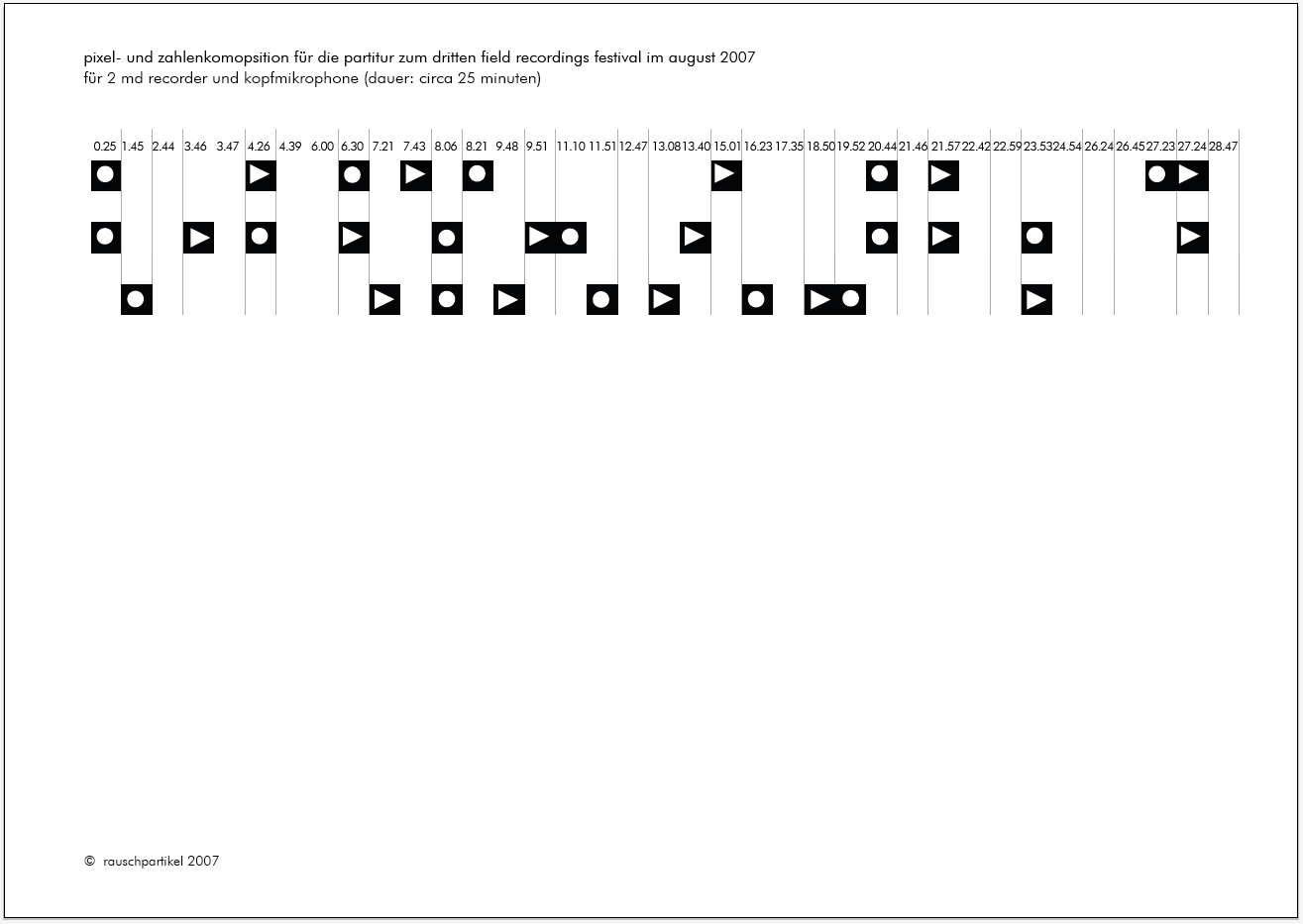 Pixel- und Zahlenkomposition für die Partitur zum dritten Field recordings Festival im August 2007 für 2 Minidisc Rekorder und Kopfmikrophone (Dauer ca. 25 Minuten)